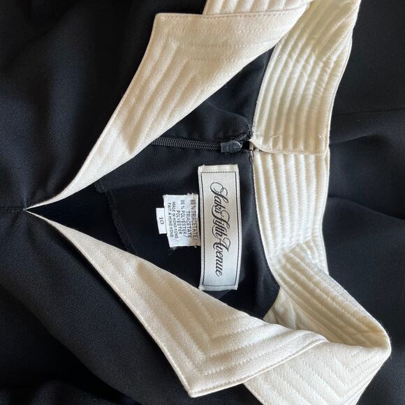 Vintage 80s Saks Fifth Avenue Batwing Dress Crepe 10 Black Ivory Shoulder Pads - Picture 15 of 15